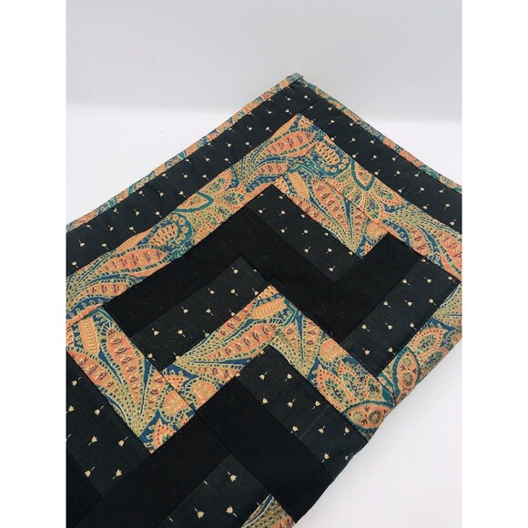 Vintage Handmade And Machine Sewn Wall Hanging Quilt Black Teal Orange 44 X 32 - Picture 5 of 12